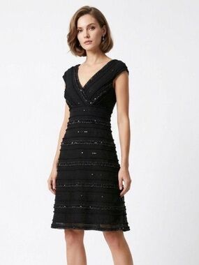 Vintage Tadashi Shoji Black V-Neck Sequin Cocktail Dress Size 8